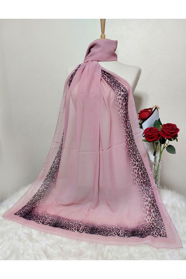Desenli Şifon Şal leoper Modeli ortası boş 180 x 70 cm - 3