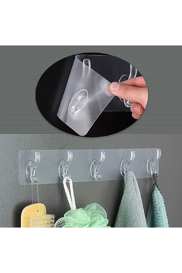 Kendinden Yapışkanlı 2 Adet Şeffaf 5li Askılık Kapı Arkası Mutfak Duvar Banyo Askı - 4
