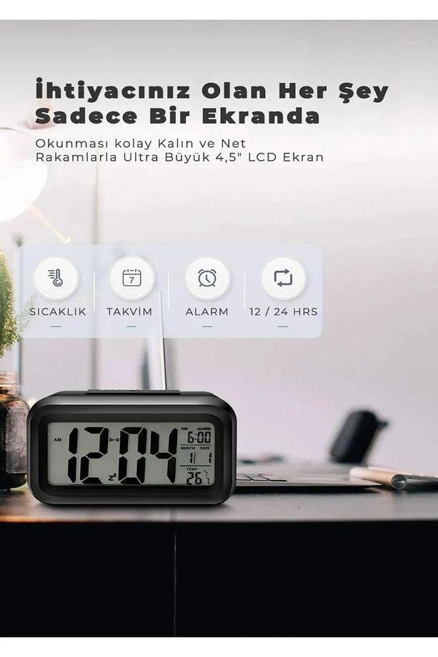 Dijital Alarmlı Masa Saati Led Ekran Pilli Çalar Saat siyah - 2