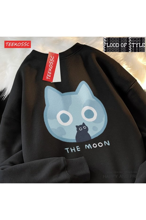 Hip Hop Harajuku Vintage Style Sun Cat Moon Cat Funny Cute Black