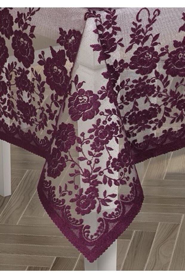 Güllü Desen Örme Masa Örtüsü Mor - 1