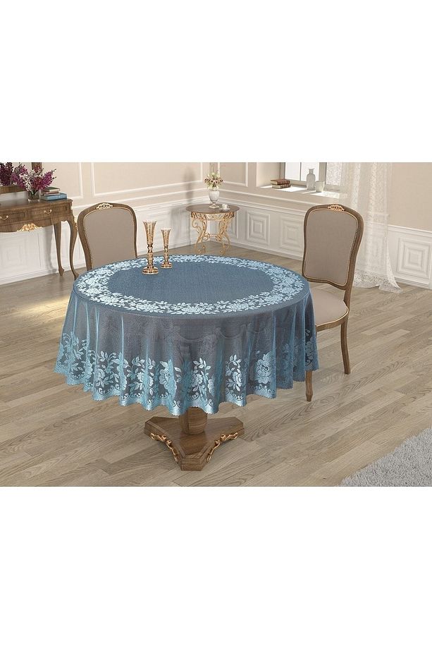 Güllü Desen Kdk Örme Tül 160 Cm Yuvarlak Masa Örtüsü (MAVİ) - 2