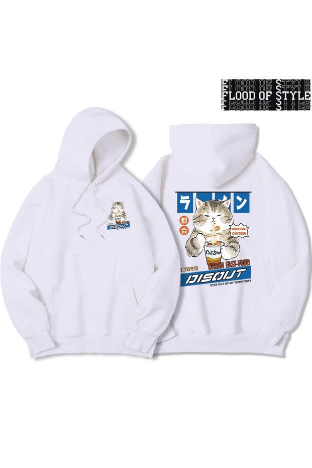 Hip Hop Harajuku Vintage Style Noodle and Sushi Cat White