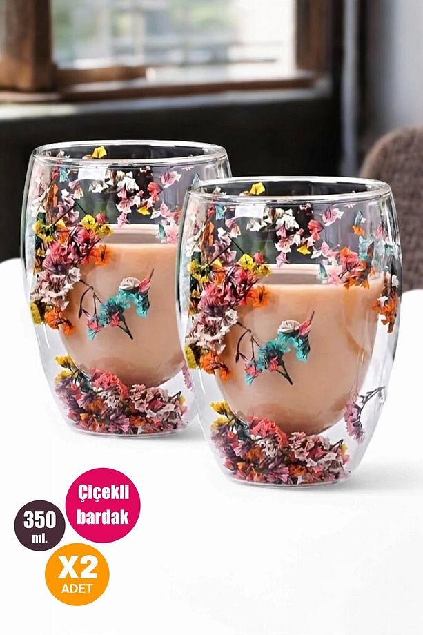 2'li Çift Cidarlı Flower Cup 350ml Çiçekli Bardak Kahve Çay Bardağı El Yapımı Cam Bardak Seti - 1