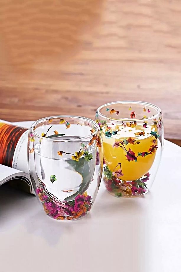 2'li Çift Cidarlı Flower Cup 350ml Çiçekli Bardak Kahve Çay Bardağı El Yapımı Cam Bardak Seti - 2