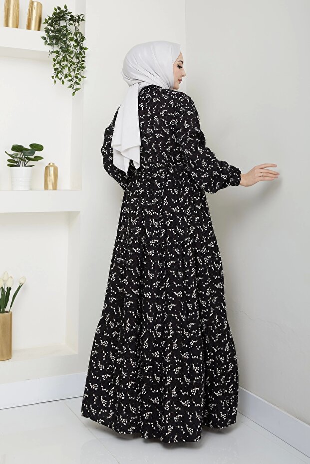 فستان فيسكوز منقوش بأوراق شجر - أسود / E0125 - 3