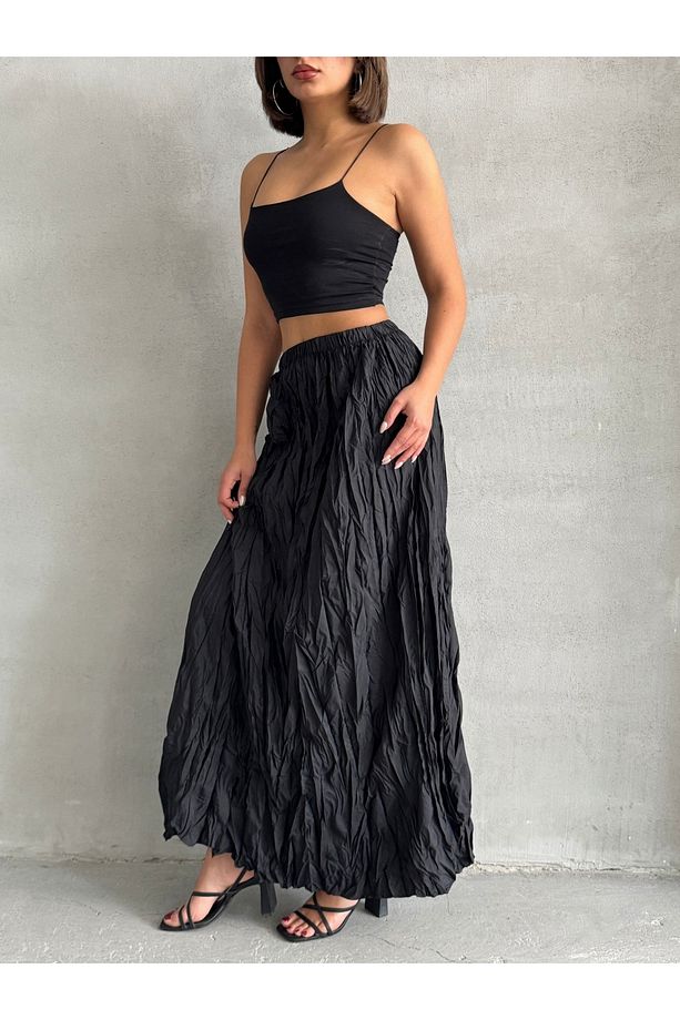 Kadın Siyah Yüksek Bel Kırışık Model Midi Boy Etek - 2
