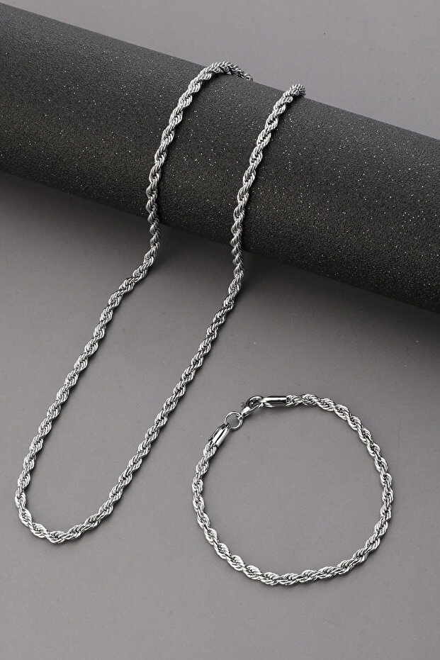 Stainless Steel Twisted Men's Chain Bracelet and Necklace Set - Imported Blackened Chain Necklace