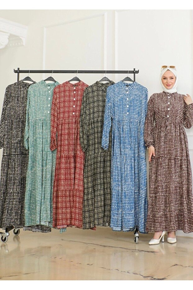 Desenli Viskon Elbise -Kiremit - 7