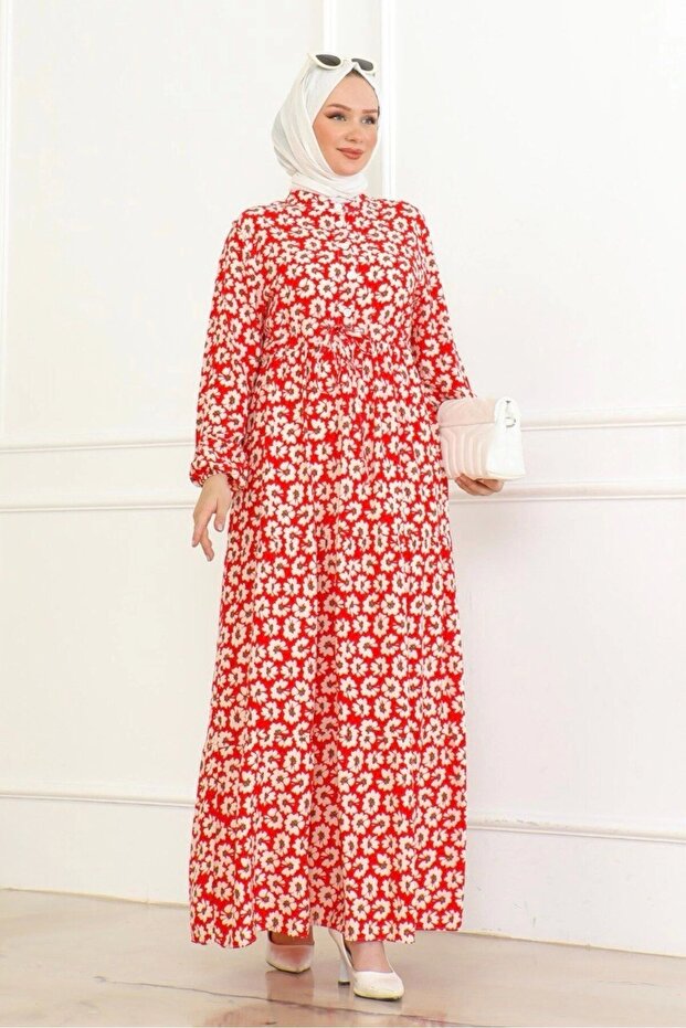 Çiçek Desenli Önü Bağlamalı Elbise / Kırmızı - 1