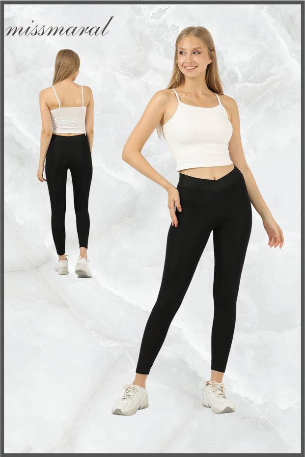 Women's Black High Waist Recovery Sports Tights Cross Waist Tights with Cross Belt Detail 1014