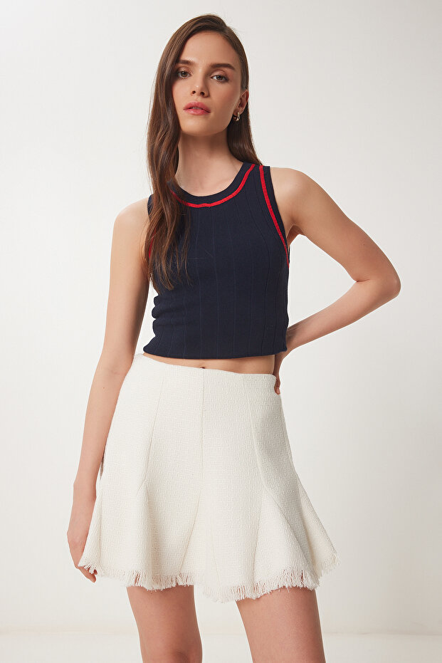 Tasseled Tweed Woven Skirt Bone Lus0099