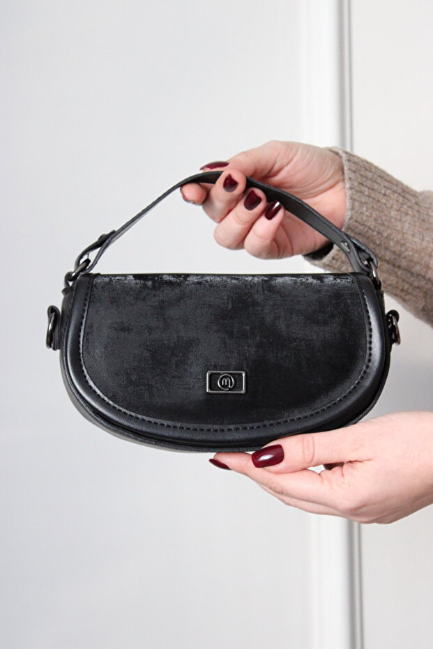 Women's Black Velvet and Leather Detailed Shoulder Bag