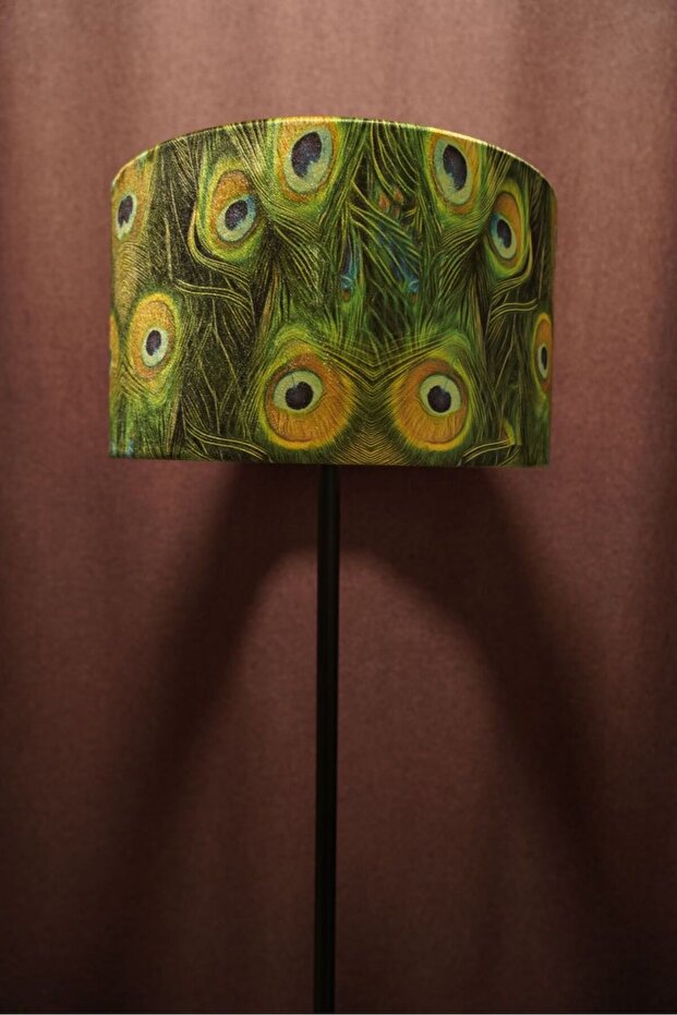 Siyah Ayaklı Baskılı Yeşil Kuş Gözü Kumaş Lambader Tek Ayaklı Dekoratif Salon Yatak Odası - 2