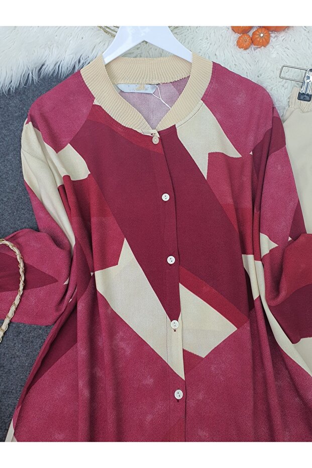 Flower Pattern Ribbed Buttoned Oversize Tunic - Burgundy - 2