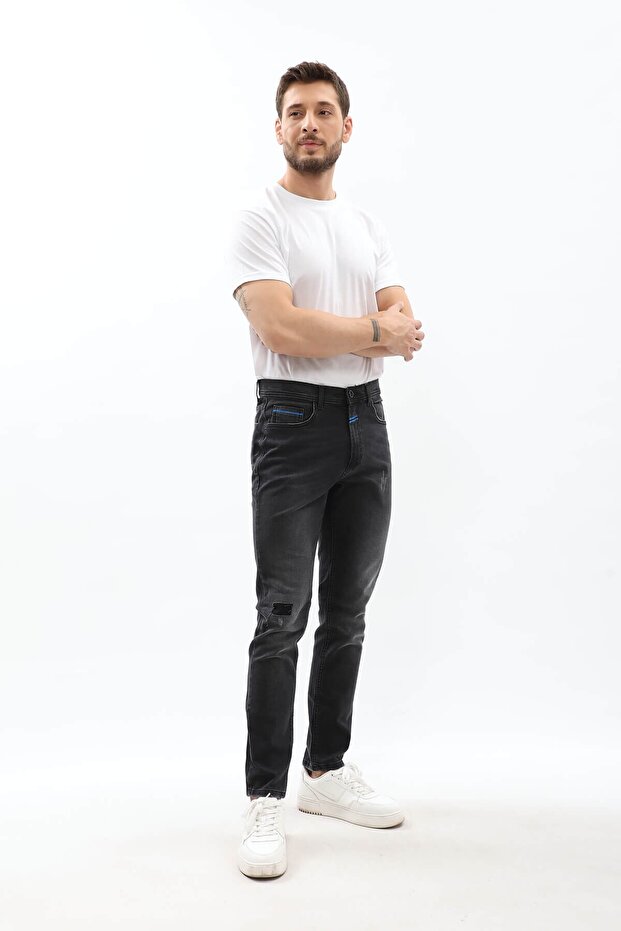 Men's Patch Detailed Blue Embroidery Lycra Jean Trousers