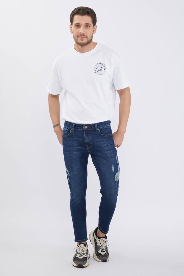 Men's Navy Blue Ankle Length Ripped Skinny Fit Jean Trousers