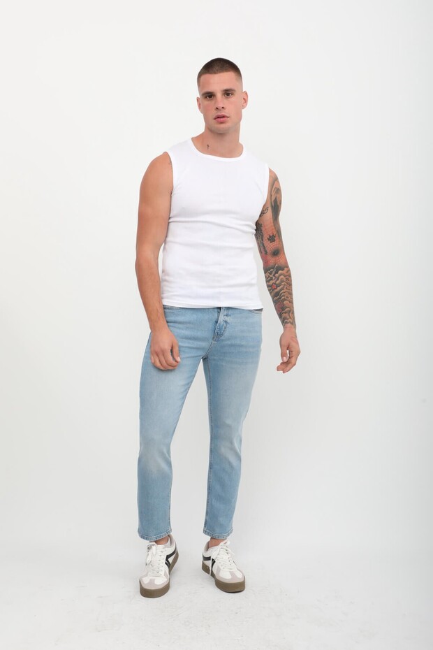 Men's Slim Fit Regular Waist Straight Cut Narrow Leg Lycra Light Blue Jean Trousers