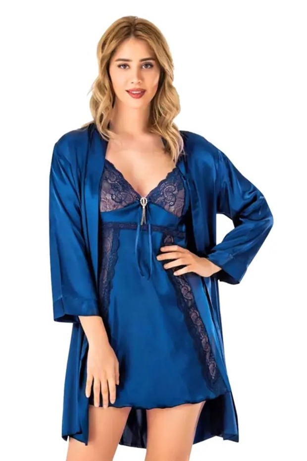 Navy Blue Large Size Nightgown Dressing Gown Set
