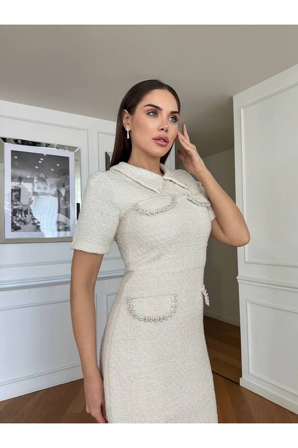Kadın Tüvit Kumaş İnci Detaylı Astarlı Şık Elbise - 2