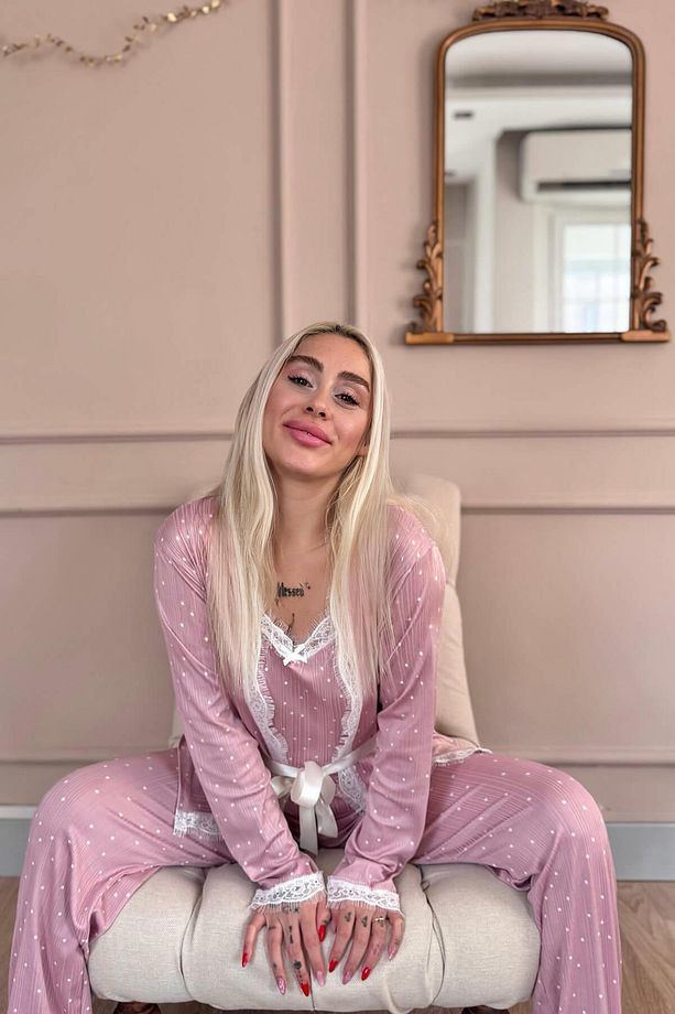 Pembe Puan Desenli Sabahlıklı Pegasus Pijama Takımı - 4