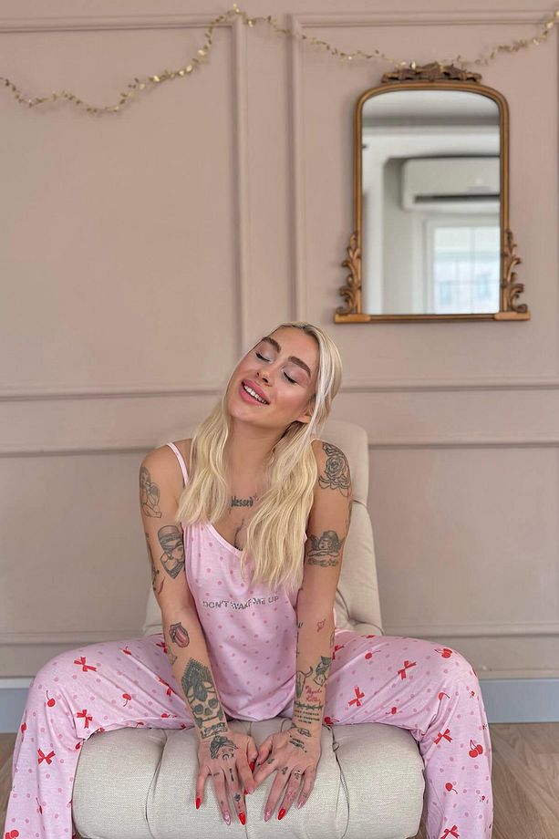 Pembe Dont Wake Me Up Baskılı Ip Askılı Örme Kadın Pijama Takımı - 5