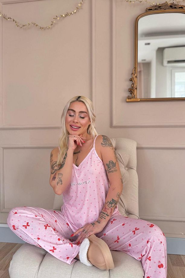 Pembe Dont Wake Me Up Baskılı Ip Askılı Örme Kadın Pijama Takımı - 3
