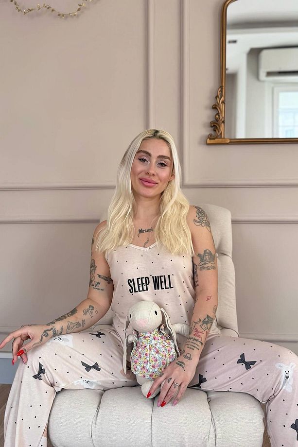 Bej Sleep Well Baskılı Ip Askılı Örme Kadın Pijama Takımı - 5
