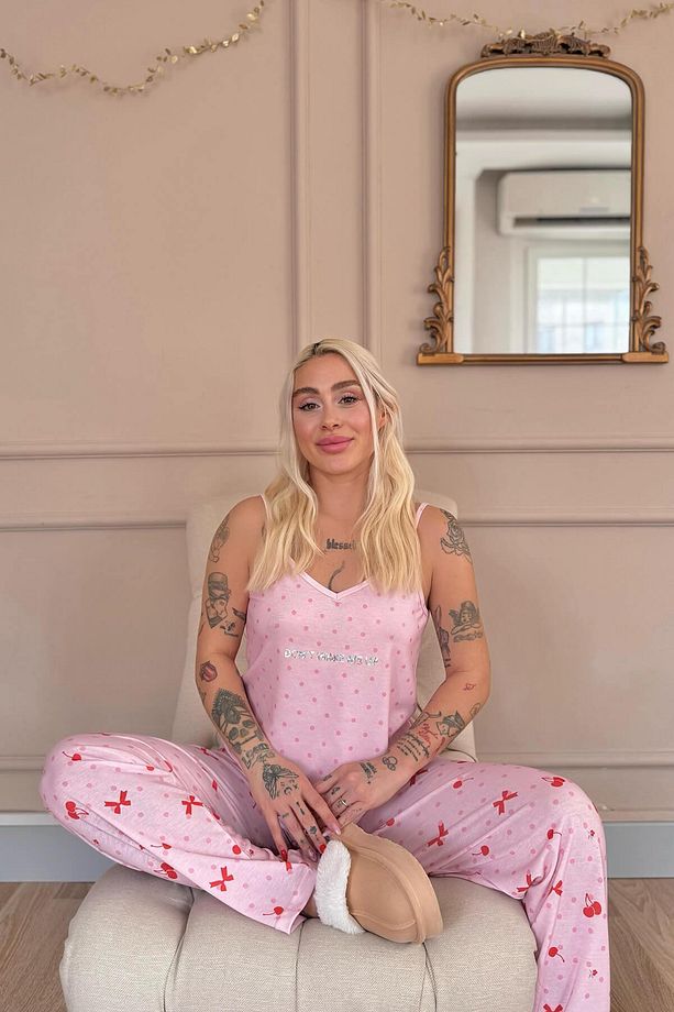 Pembe Dont Wake Me Up Baskılı Ip Askılı Örme Kadın Pijama Takımı - 4