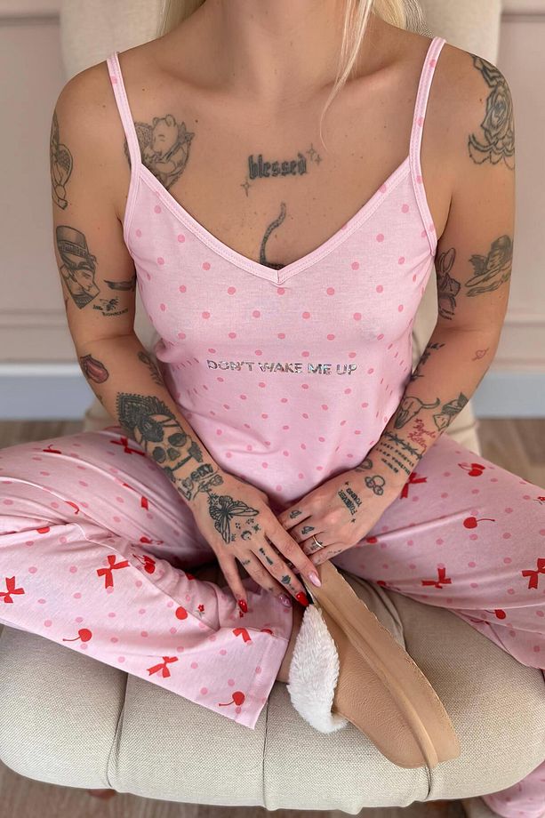 Pembe Dont Wake Me Up Baskılı Ip Askılı Örme Kadın Pijama Takımı - 6