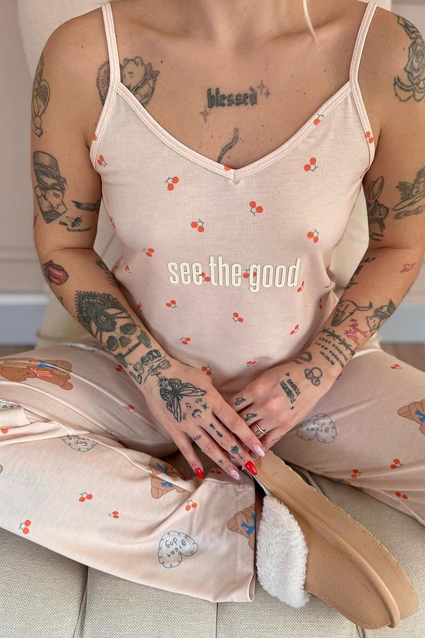 Açık Pudra See The Good Baskılı Ip Askılı Örme Kadın Pijama Takımı - 6