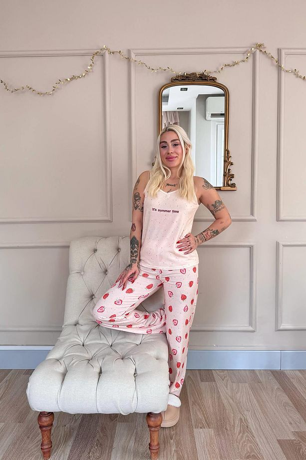Bej Summer Time Baskılı Ip Askılı Örme Kadın Pijama Takımı - 7