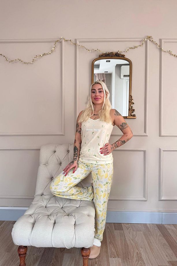 Choose Happy Baskılı Ip Askılı Örme Kadın Pijama Takımı - 7