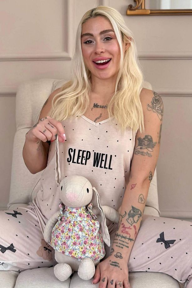 Bej Sleep Well Baskılı Ip Askılı Örme Kadın Pijama Takımı - 1