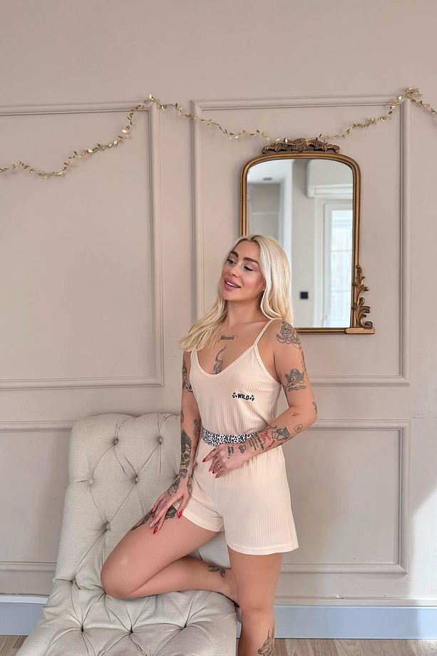 Bej Wild Spirit Desenli Örme Ip Askı Şortlu Kadın Pijama Takımı - 2