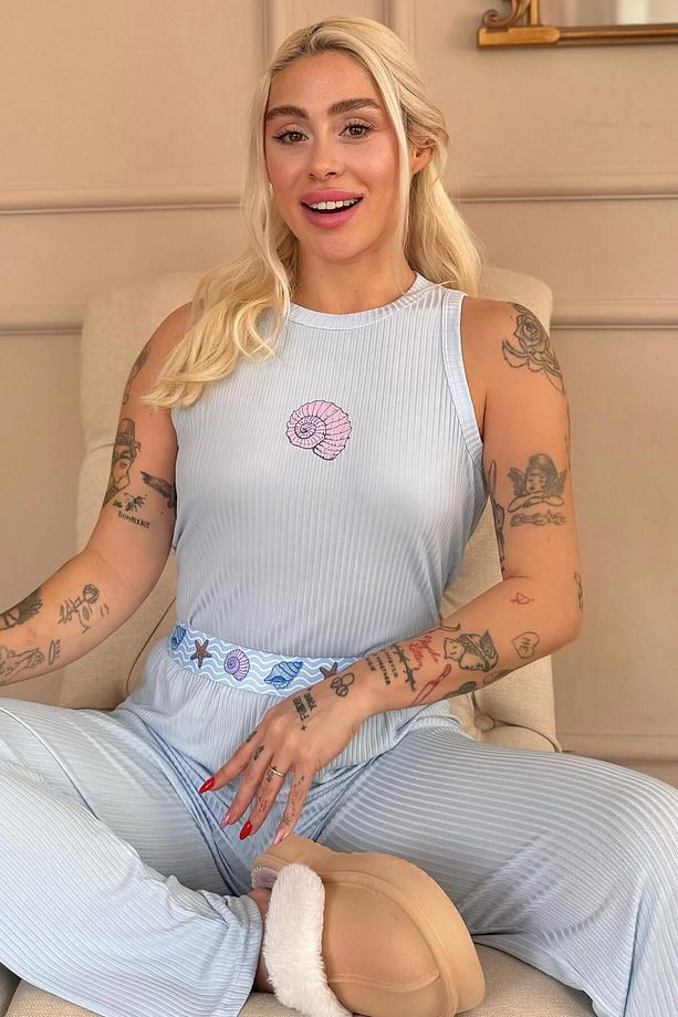 Mavi Marin Desenli Örme Sıfır Kol Kadın Pijama Takımı - 1