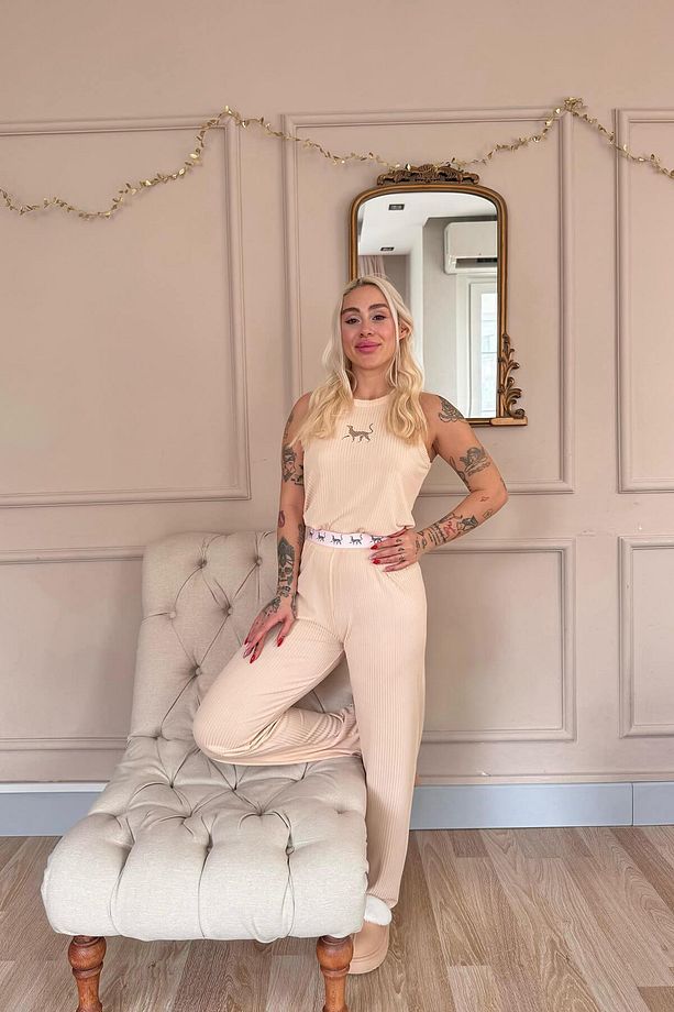 Bej Savannah Leopar Desenli Örme Sıfır Kol Kadın Pijama Takımı - 6