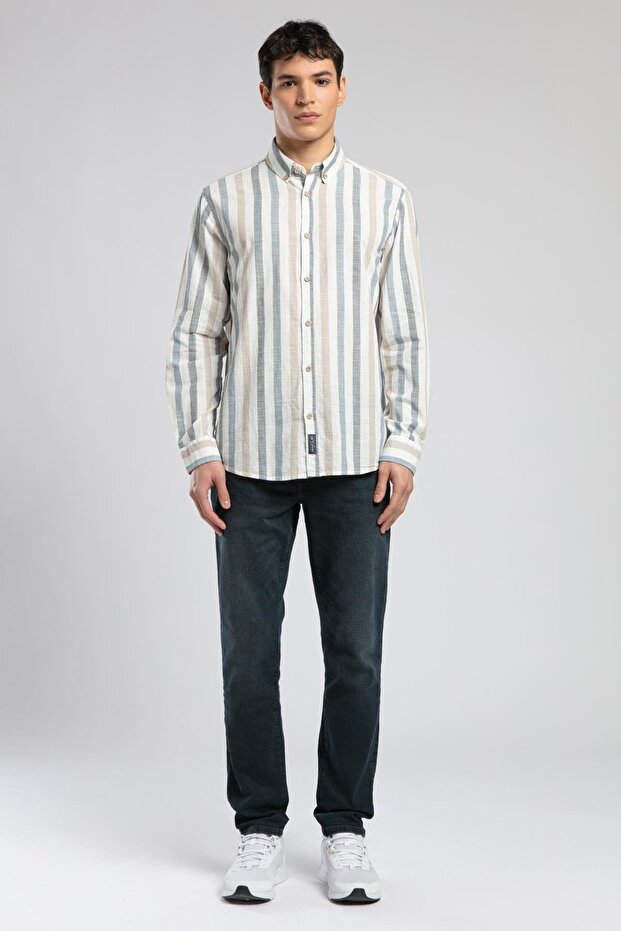 Drake Men's 100% Cotton Long Sleeve Woven Shirt Navy Blue-Beige