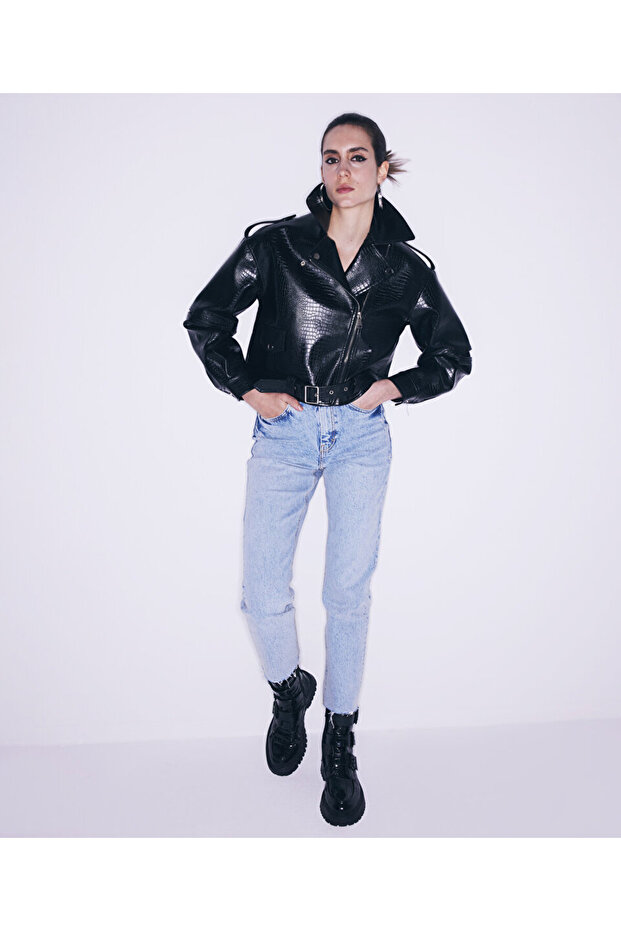 معطف راكب الدراجة النارية بنقشة التمساح - 5