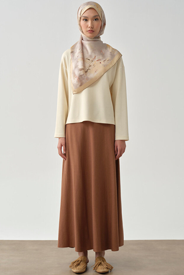 Yırtmaçlı Asimetrik Örme Sweat - Ekru - 7