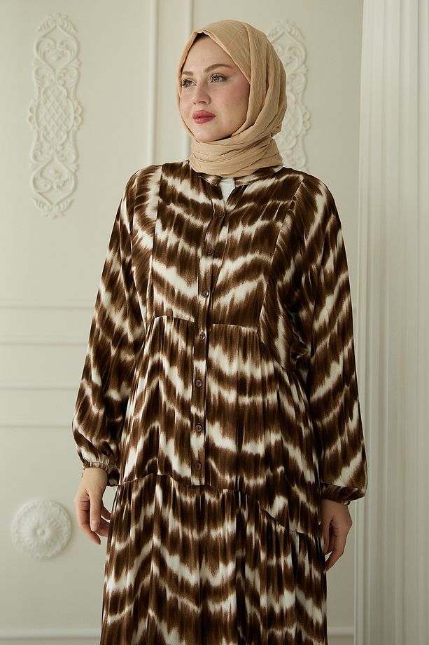 Batik Desenli Viskon Taba Elbise - 7