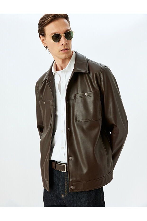 Faux Leather Jacket with Pocket Detail and Snap Buttons
