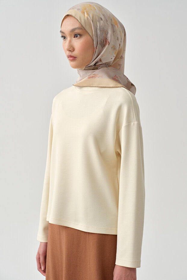 Yırtmaçlı Asimetrik Örme Sweat - Ekru - 3