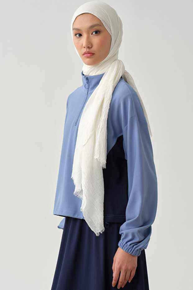 Lastikli Crop Sweat - Mavi - 5