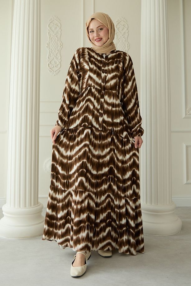 Batik Desenli Viskon Taba Elbise - 4