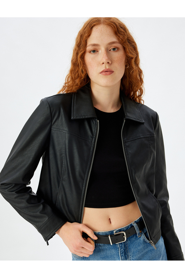 Short Faux Leather Jacket with Zipper Pocket