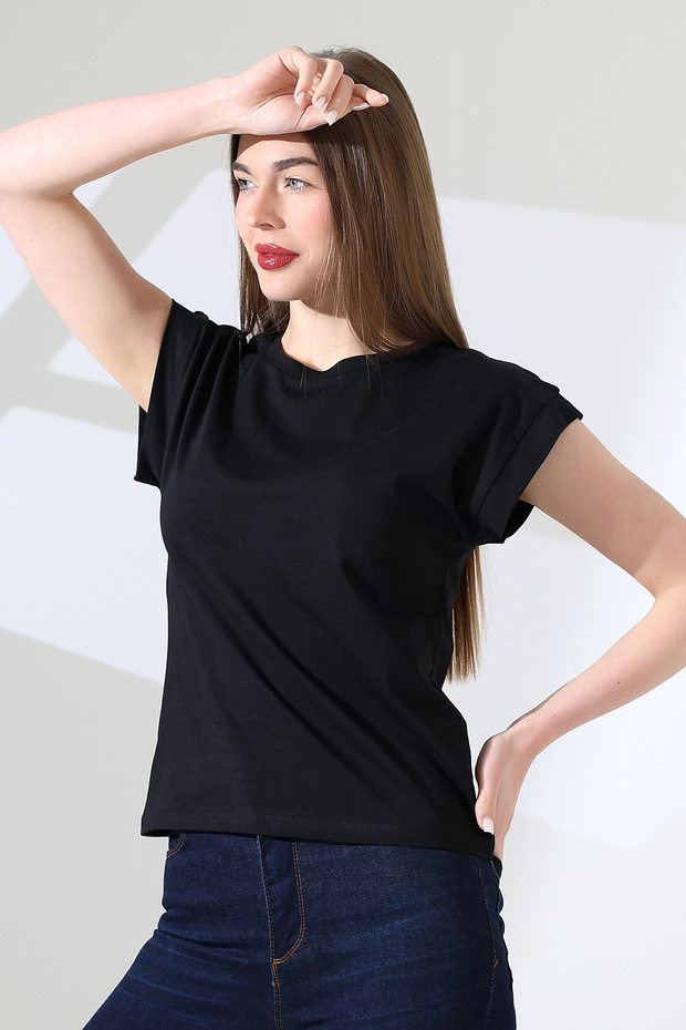 100% Cotton Crew Neck Low Sleeve Basic Women's T-Shirt 21979 Black