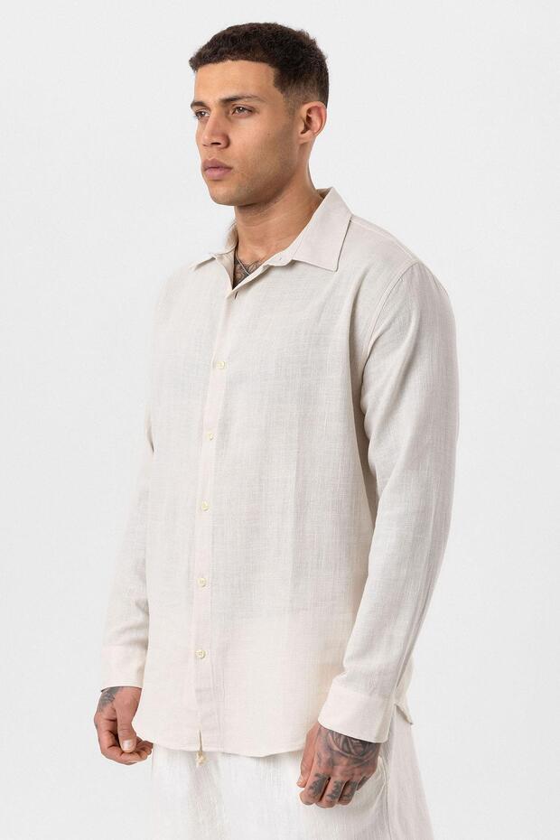 Beige Oversize Shirt Long Sleeve Basic - 4