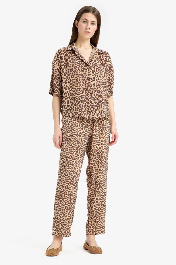 Carrot Fit Leopar Desenli Modal Kumaş Pantolon Çift Cepli Yüksek Bel Düz Paça E6360AX25SP - 4
