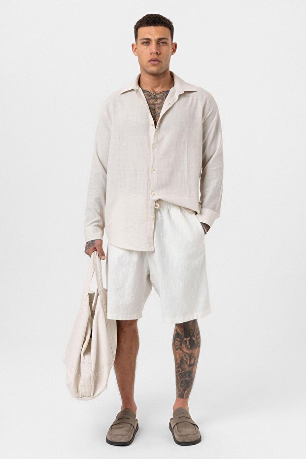 Beige Oversize Shirt Long Sleeve Basic - 1